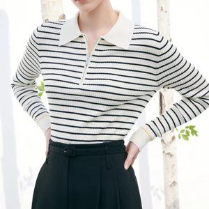 Striped V-Neck Sweater - Black and White
